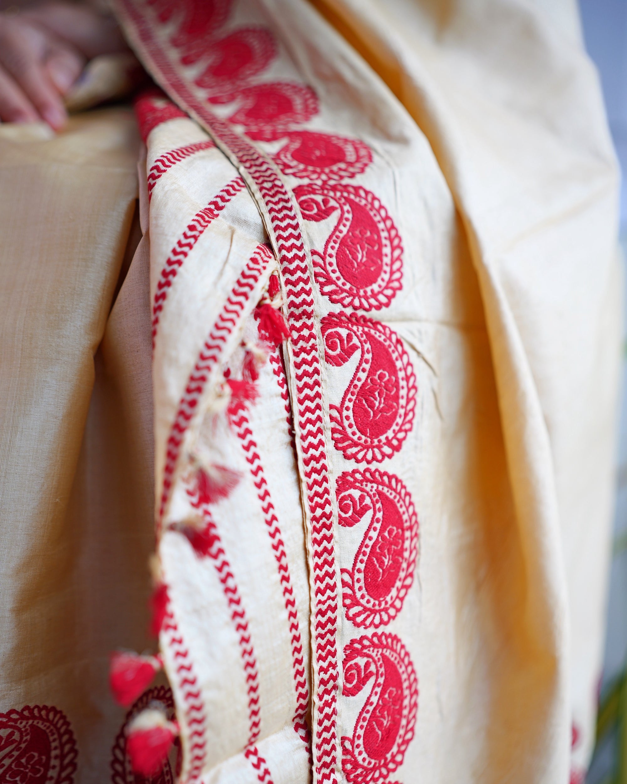 The sador edge folded over itself. A chain of red paisleys beside a red zigzag band and fine stripes, with red tassels at the end.
