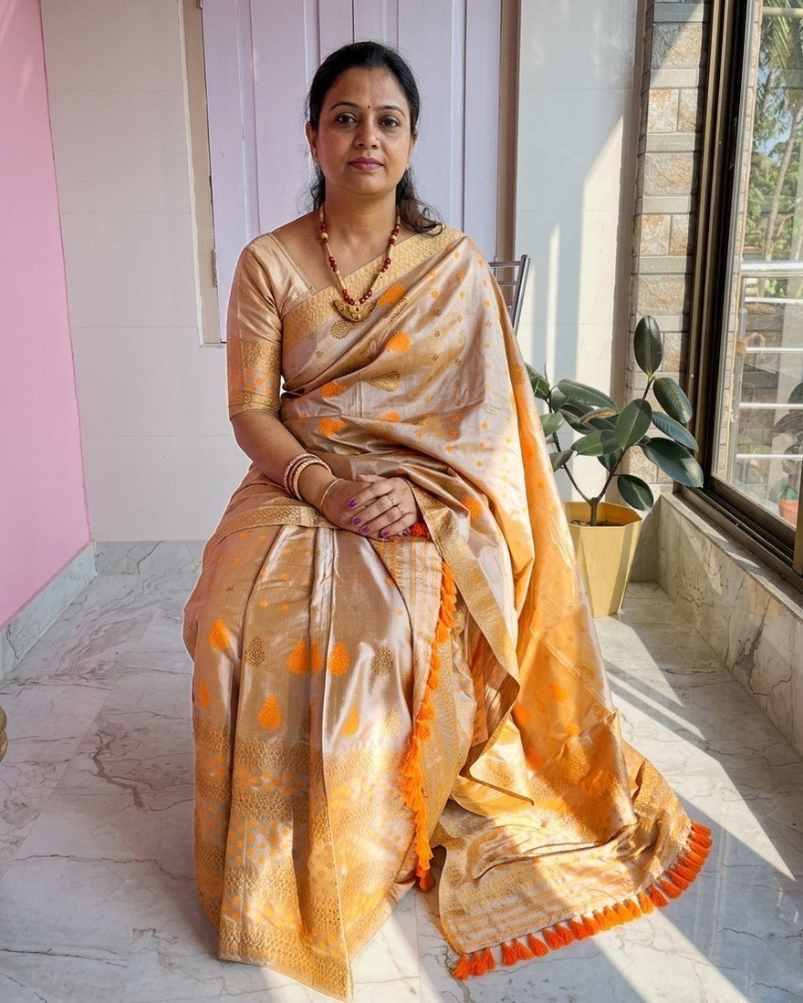 Seated on a chair by a sunlit window, the whole set visible: a sand-beige mekhela and sador with saffron florets and saffron tassels, worn with a matching blouse and a red bead necklace.