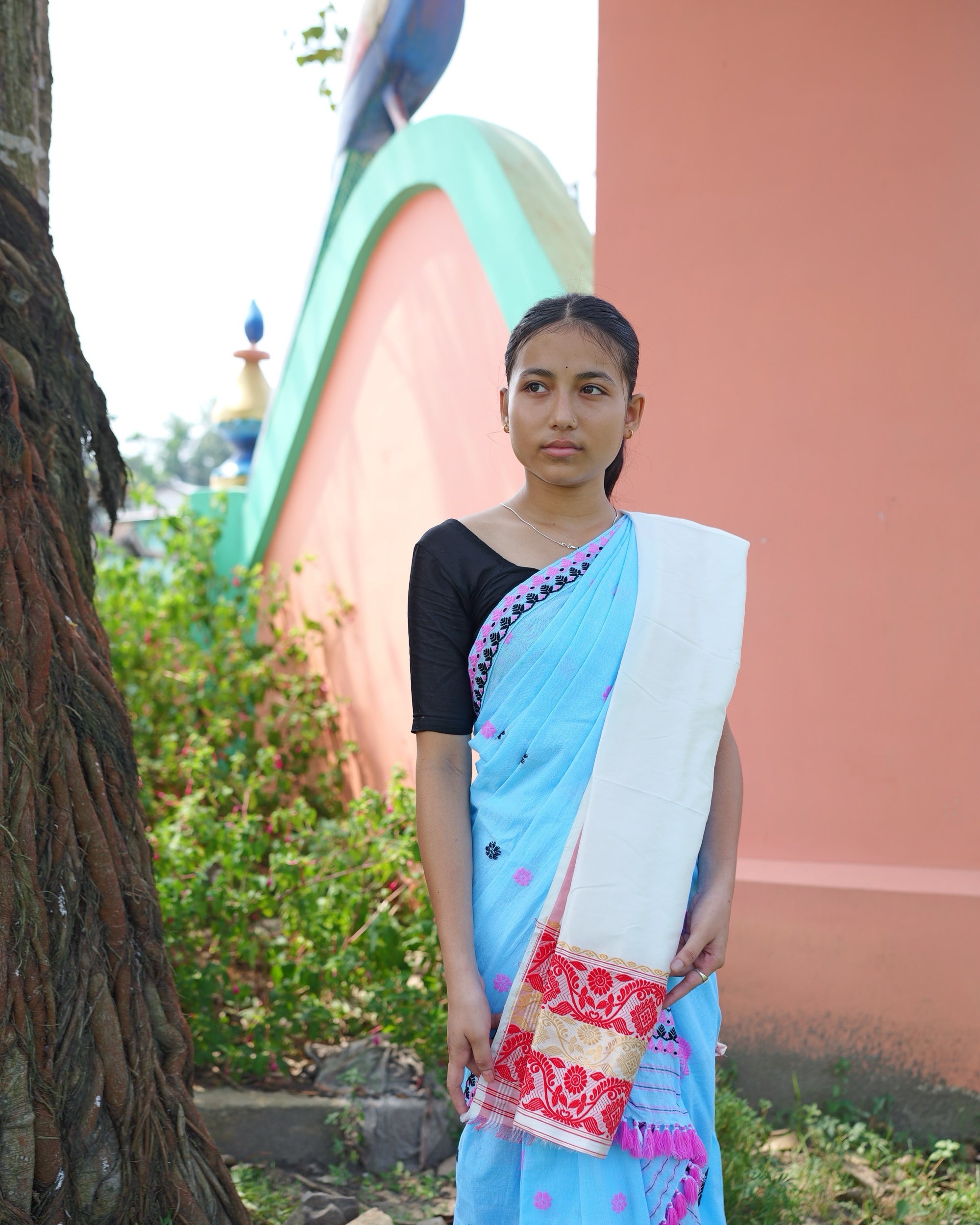 A young woman standing in a garden against a salmon-pink wall topped by a green arch and a blue peacock figure, in a black blouse and a pale-blue sador, the ivory cloth over one shoulder and its red and gold end at her hip.