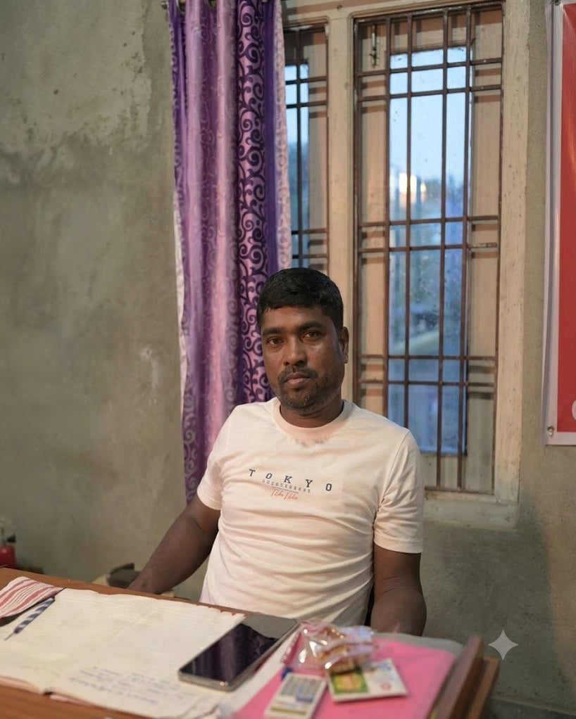 Dibyajyoti Bhuyan seated at a desk in a cream T-shirt, a ledger, a phone and a pink folder in front of him, a barred window and a purple patterned curtain behind.