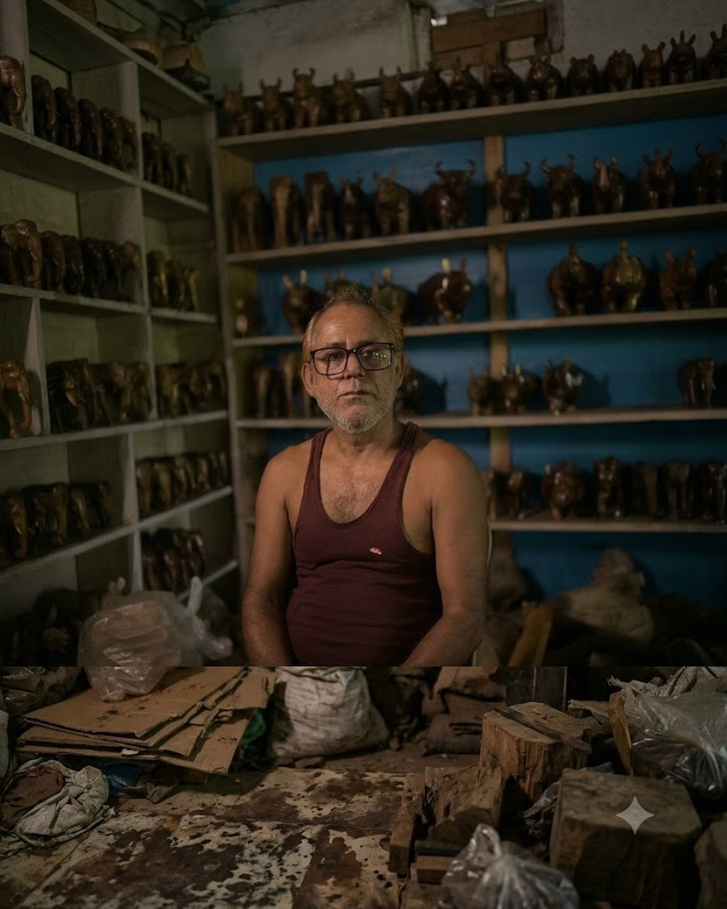 Ghanadaj Chetry seated in glasses and a maroon vest in front of shelves of dark carved rhinos and elephants on a blue wall.
