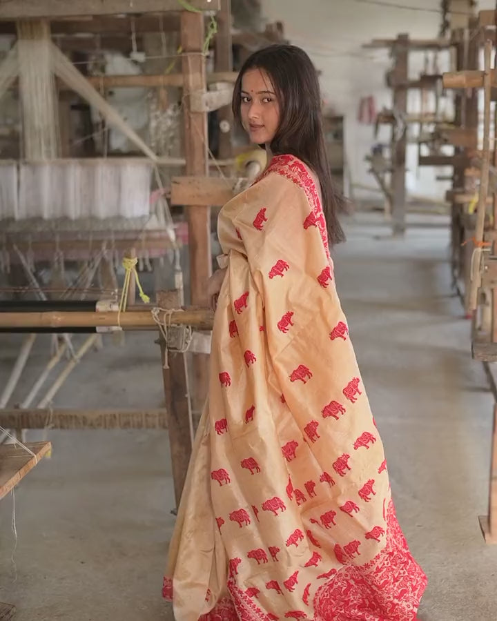 Turning slowly between the handlooms in the cream saree: rows of red rhinoceros, and the red pallu down the back.