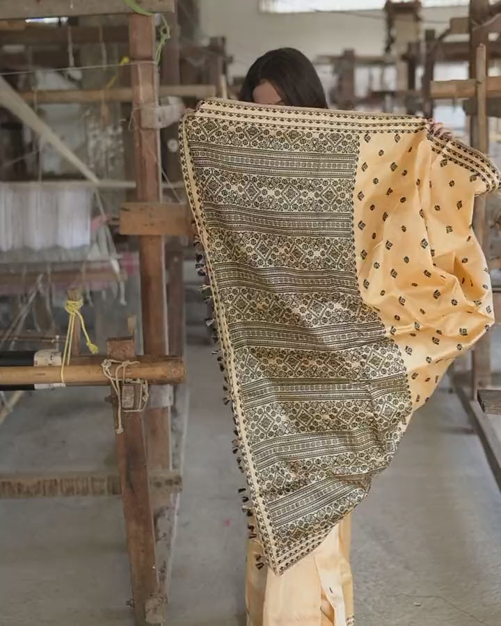Turning between the handlooms in the golden saree, the pallu lifted to show its black columns, then draped over the shoulder.
